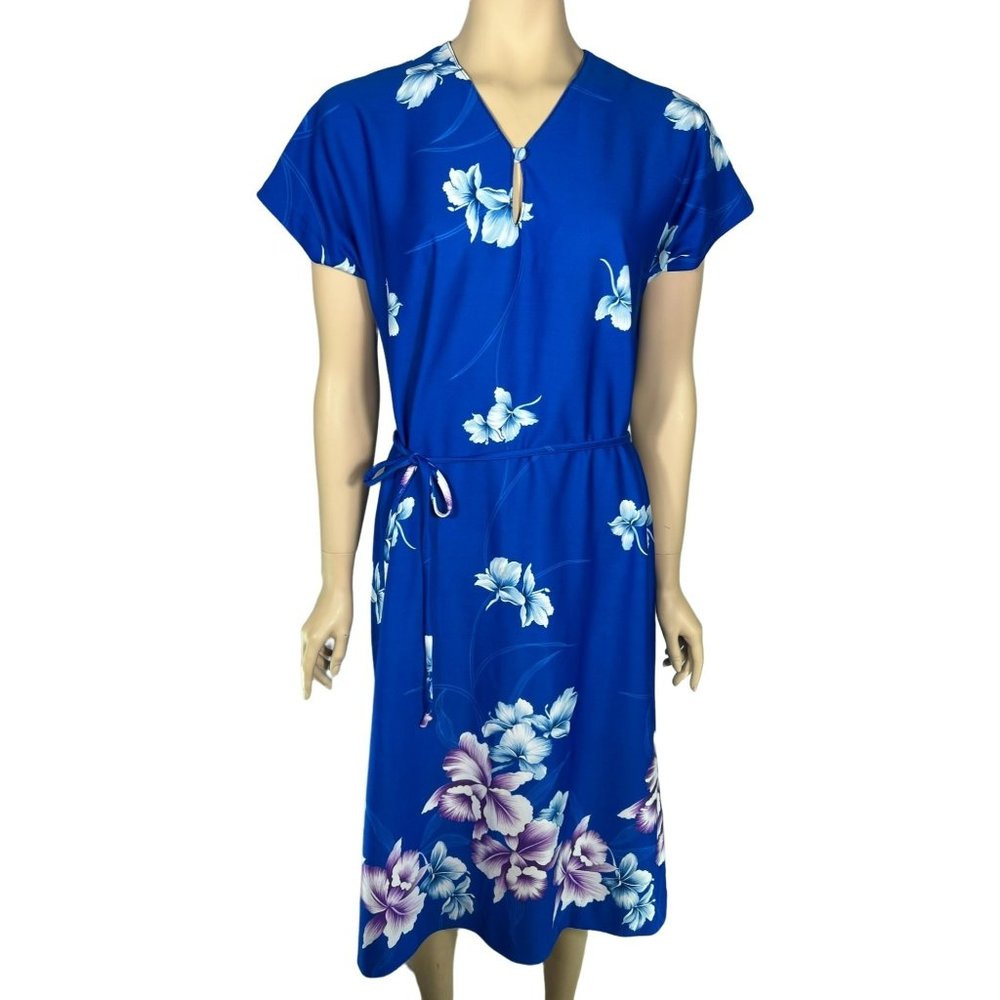Hilo Hattie's Blue Dress Floral Shortsleeve Blue Purple White Tie Summer